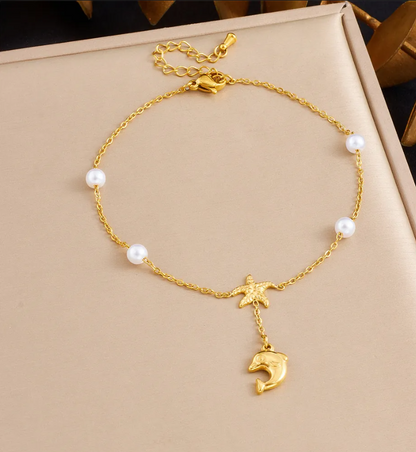 Gold Plated Shell & Starfish Pearl Double-Layer Anklet for Women – Ocean-Inspired Beach Jewelry