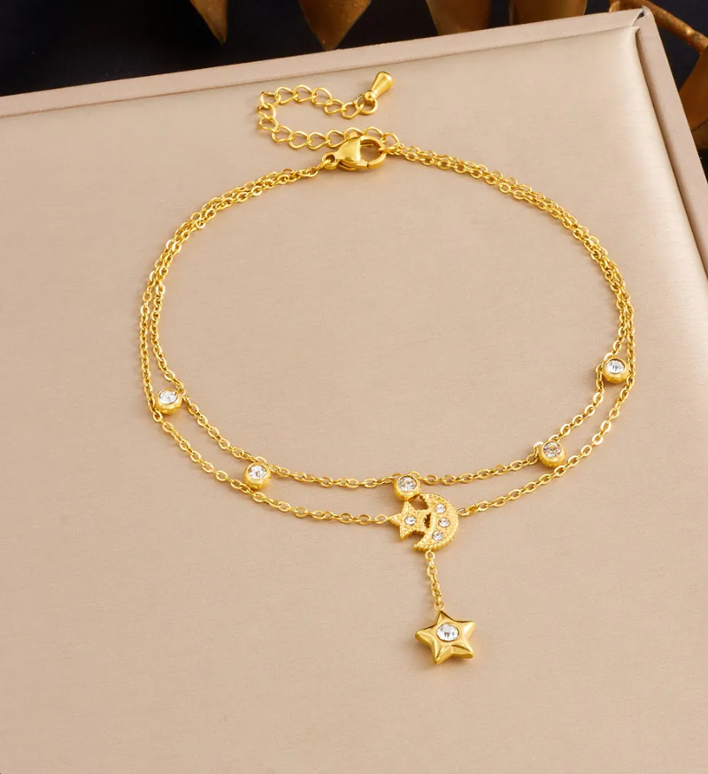 Gold Plated Shell & Starfish Pearl Double-Layer Anklet for Women – Ocean-Inspired Beach Jewelry