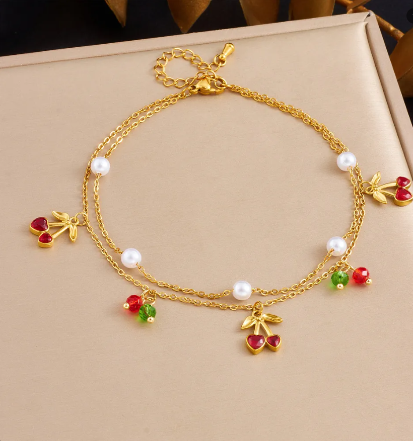 Gold Plated Shell & Starfish Pearl Double-Layer Anklet for Women – Ocean-Inspired Beach Jewelry