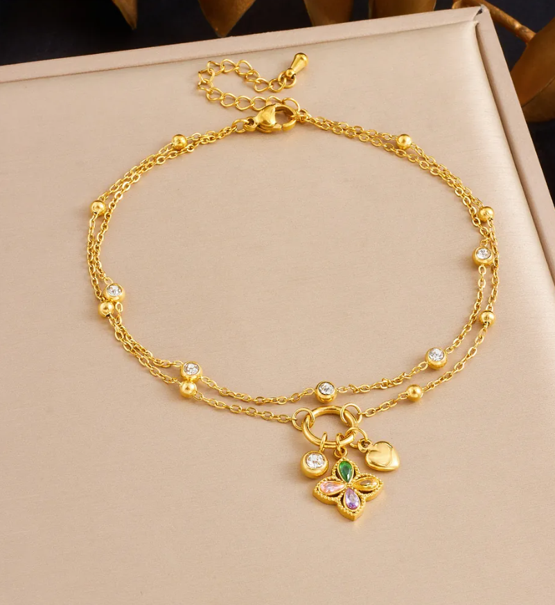 Gold Plated Shell & Starfish Pearl Double-Layer Anklet for Women – Ocean-Inspired Beach Jewelry