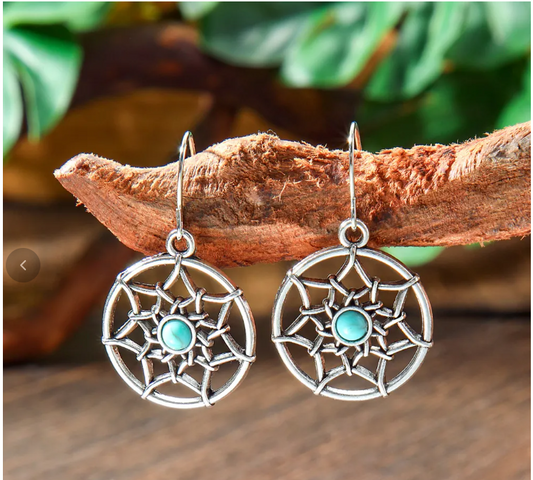 Women’s Antique Silver-Tone Faux Turquoise Drop Earrings – Boho Vintage Jewelry