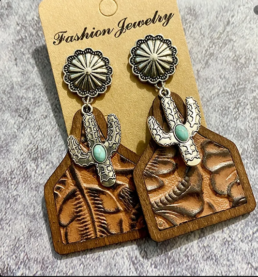 Women’s Western Boho Cowhide Leather & Horsehair Dangle Earrings – Cactus & Turquoise Styles