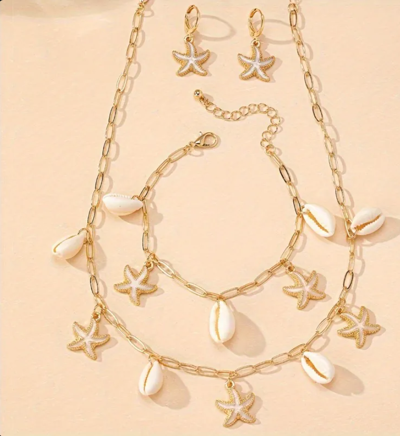 Blue Starfish & Shell Gold Plated Jewelry Set for Women – Ocean-Inspired Beach Jewelry