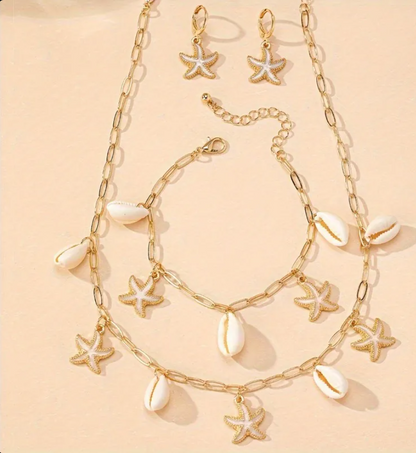 Blue Starfish & Shell Gold Plated Jewelry Set for Women – Ocean-Inspired Beach Jewelry