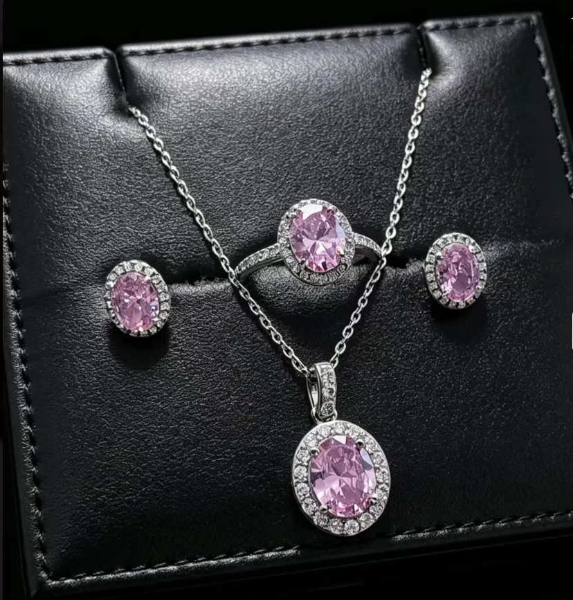 Gold Oval White Rhinestone 3-Piece Jewelry Set for Women – Elegant Necklace, Earrings & Ring