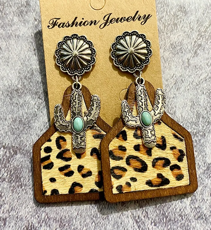 Women’s Western Boho Cowhide Leather & Horsehair Dangle Earrings – Cactus & Turquoise Styles