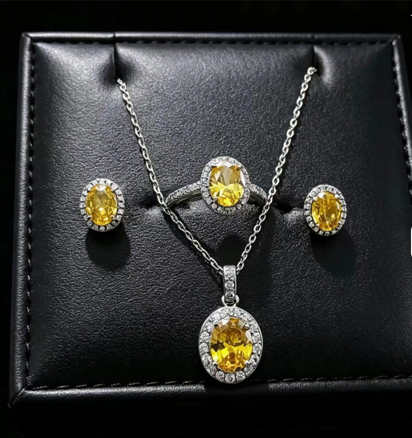 Gold Oval White Rhinestone 3-Piece Jewelry Set for Women – Elegant Necklace, Earrings & Ring