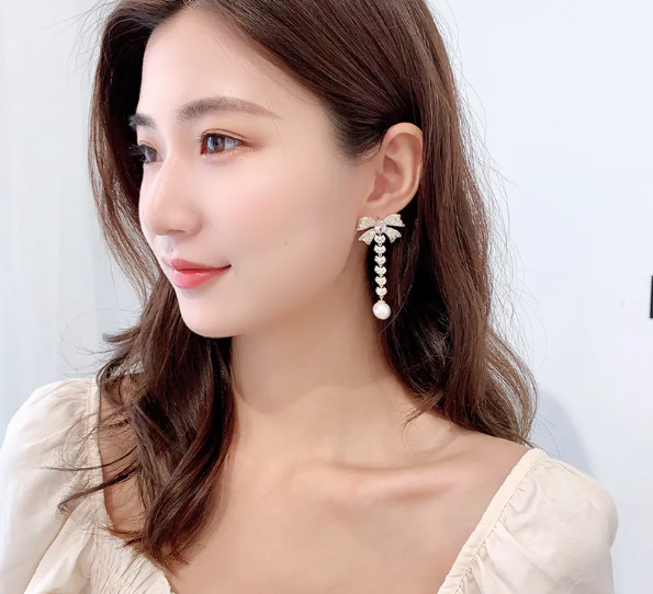 Zircon Bow Pearl Drop Earrings for Women