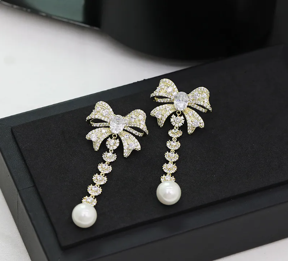 Zircon Bow Pearl Drop Earrings for Women