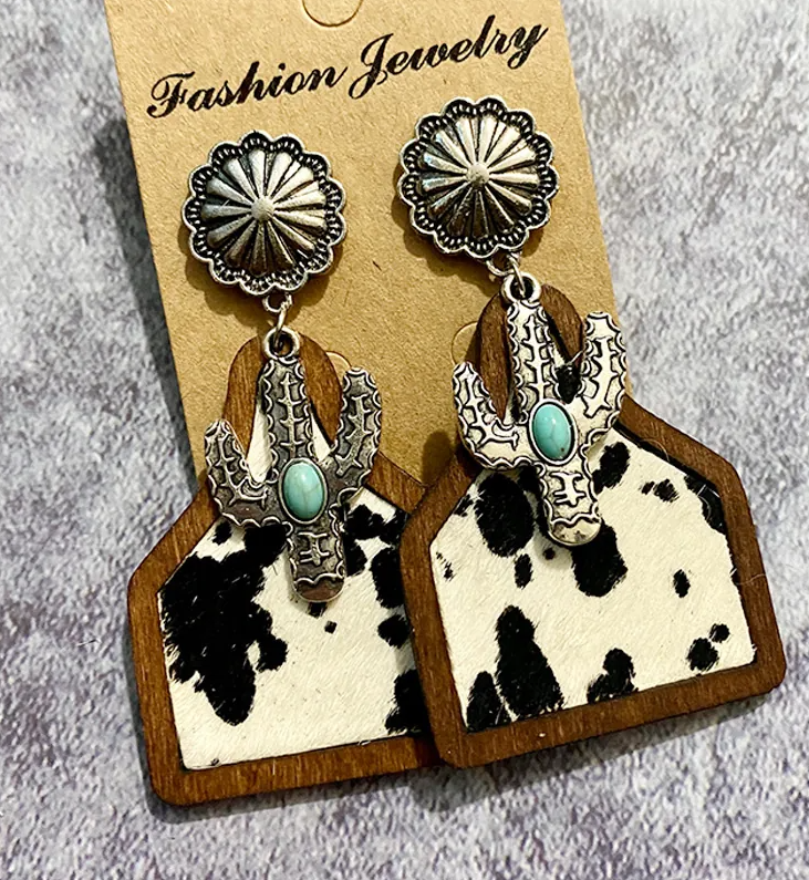 Women’s Western Boho Cowhide Leather & Horsehair Dangle Earrings – Cactus & Turquoise Styles