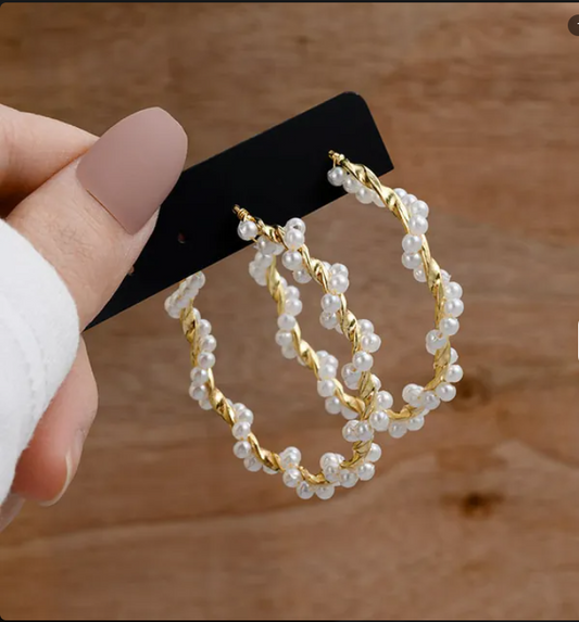 Women’s Gold-Tone Big Hoop Earrings with Faux Pearl Detail – Vintage Style