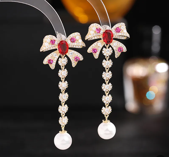 Zircon Bow Pearl Drop Earrings for Women