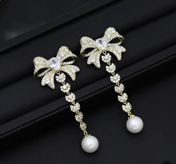 Zircon Bow Pearl Drop Earrings for Women