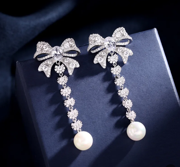 Zircon Bow Pearl Drop Earrings for Women