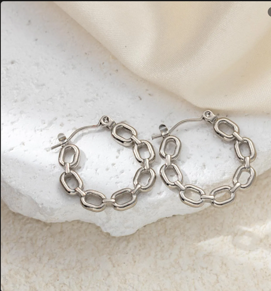 Women’s Silver-Tone Stainless Steel Chain Link Earrings – Minimalist Geometric Style