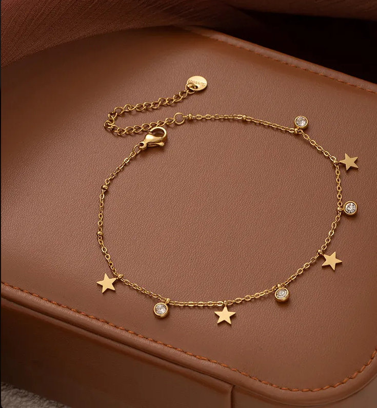 Women's Gold-Plated Titanium Steel Pentagram Star Anklet with Zircon