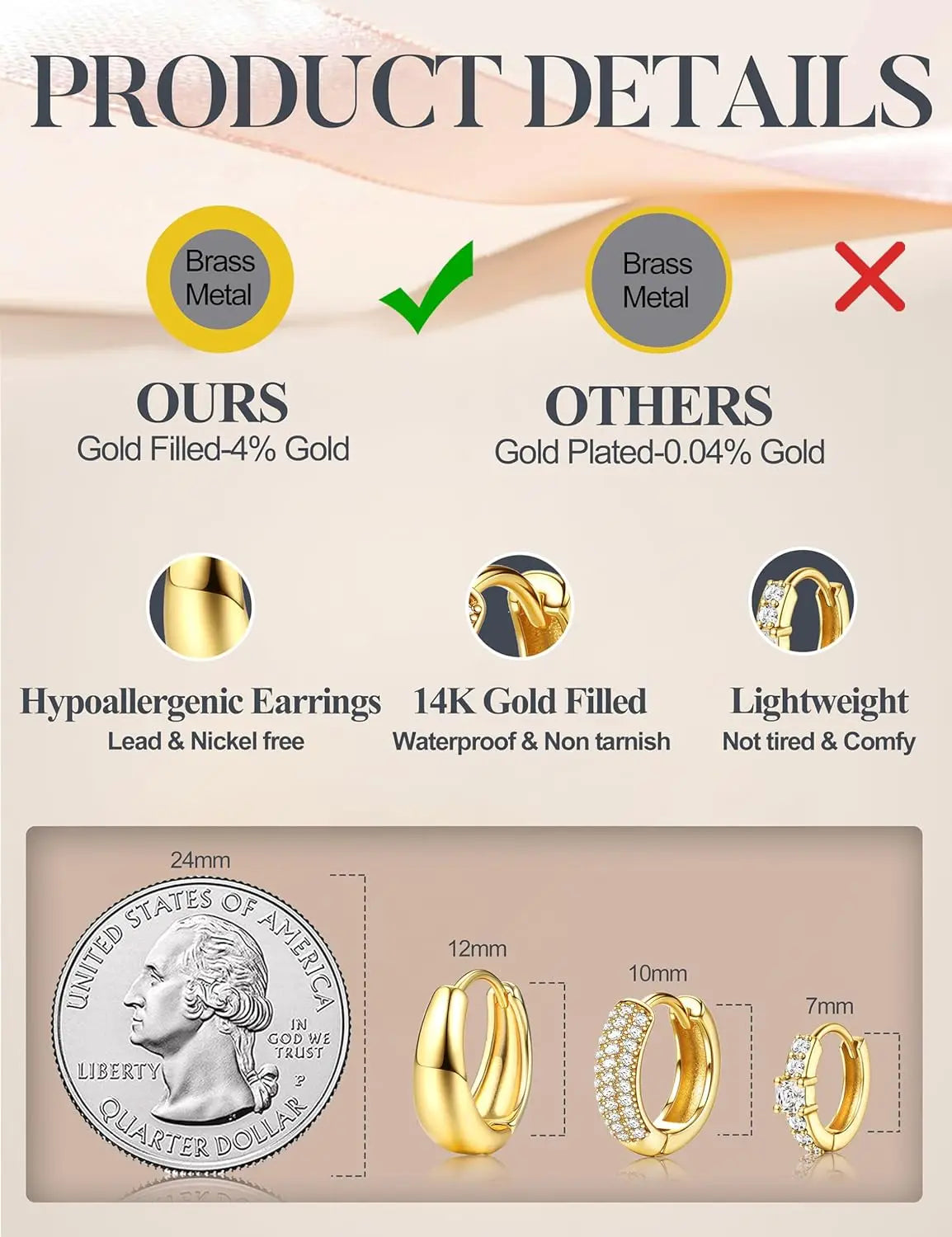 3Pcs Women 18K Gold Plated Chunky CZ Hoops Earrings for Sensitive Ears Non Tarnish Huggie Earring Stacks for Multiple Piercing