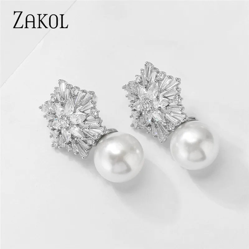 Newest Snowflake Flowers AAA Cubic Zirconia Pearl Drop Earrings for Women Fashion Jewelry Christmas Birthday Gifts EP2917