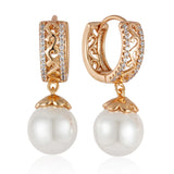 Luxury 585 Rose Gold Color Pearl Drop Earrings for Women Unique Hollow Pattern Natural Zircon Bridal Wedding Fine Jewelry