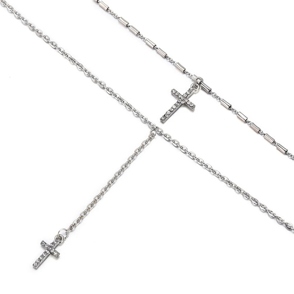Fashion Gold Color Crystal Cross Necklaces Pendants Boho Double Layered Necklace Catholic Religious Christian Statement Jewelry