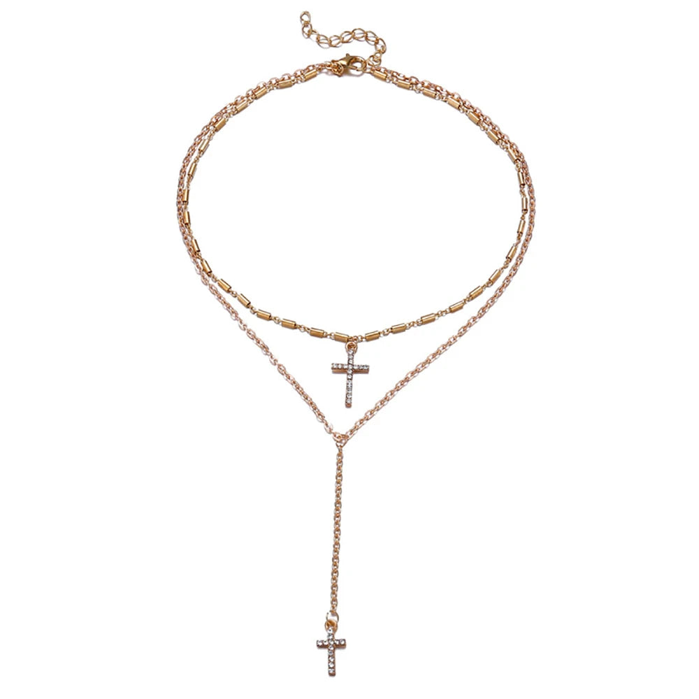 Fashion Gold Color Crystal Cross Necklaces Pendants Boho Double Layered Necklace Catholic Religious Christian Statement Jewelry