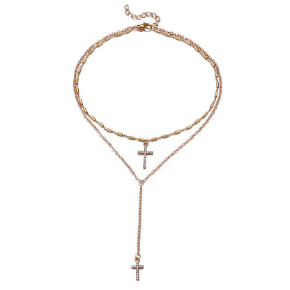Fashion Gold Color Crystal Cross Necklaces Pendants Boho Double Layered Necklace Catholic Religious Christian Statement Jewelry