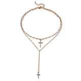 Fashion Gold Color Crystal Cross Necklaces Pendants Boho Double Layered Necklace Catholic Religious Christian Statement Jewelry