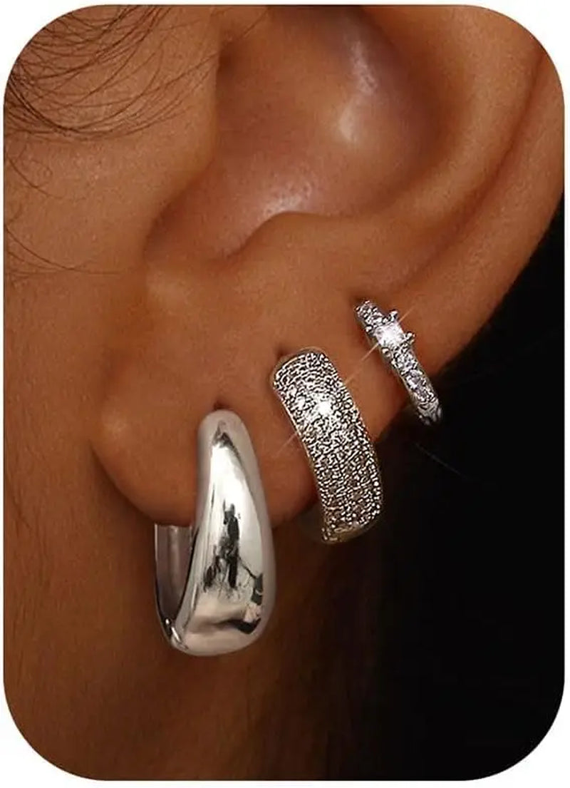 3Pcs Women 18K Gold Plated Chunky CZ Hoops Earrings for Sensitive Ears Non Tarnish Huggie Earring Stacks for Multiple Piercing