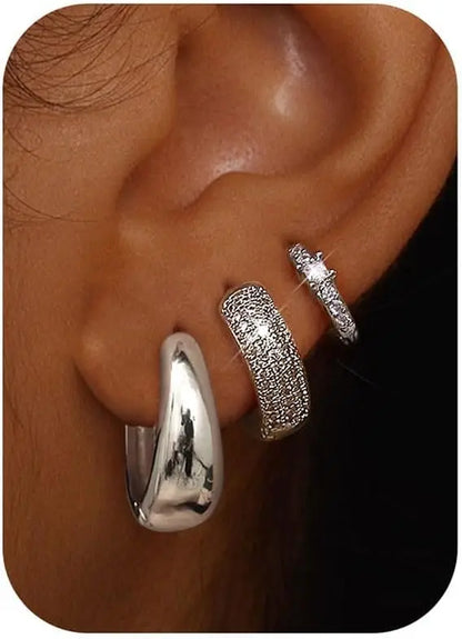 3Pcs Women 18K Gold Plated Chunky CZ Hoops Earrings for Sensitive Ears Non Tarnish Huggie Earring Stacks for Multiple Piercing