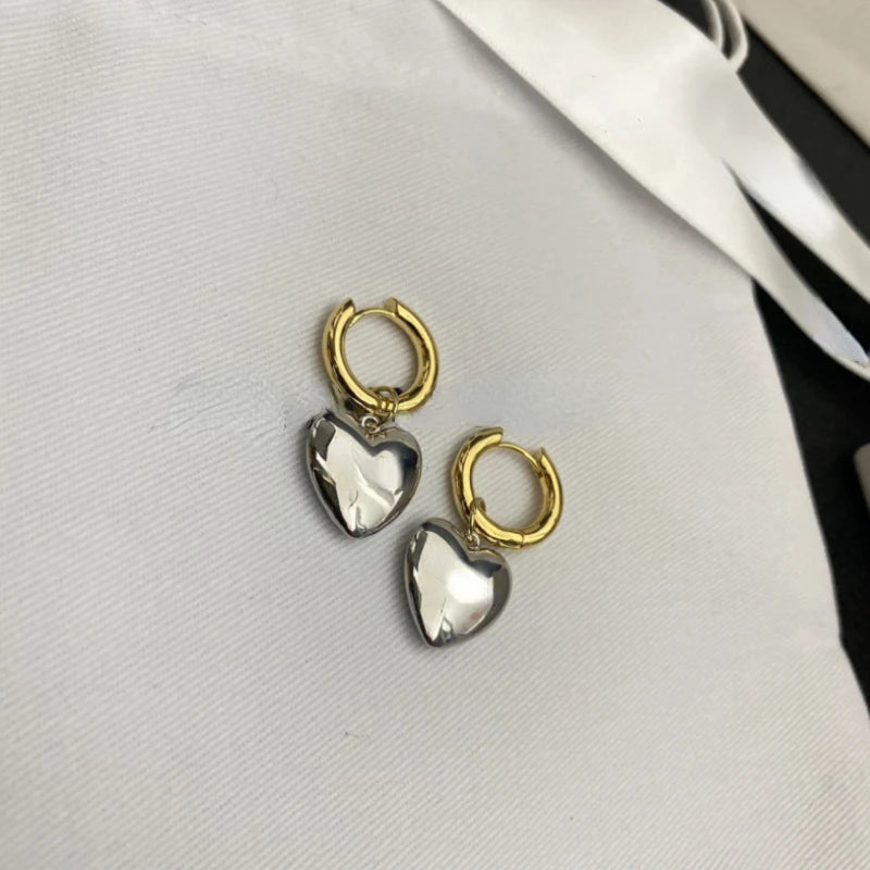 Minimalist Mixed Gold and Silver Heart Pendant Hoop Earrings 