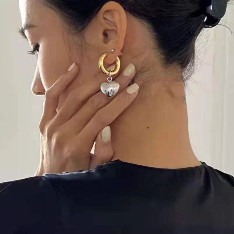 Minimalist Mixed Gold and Silver Heart Pendant Hoop Earrings 