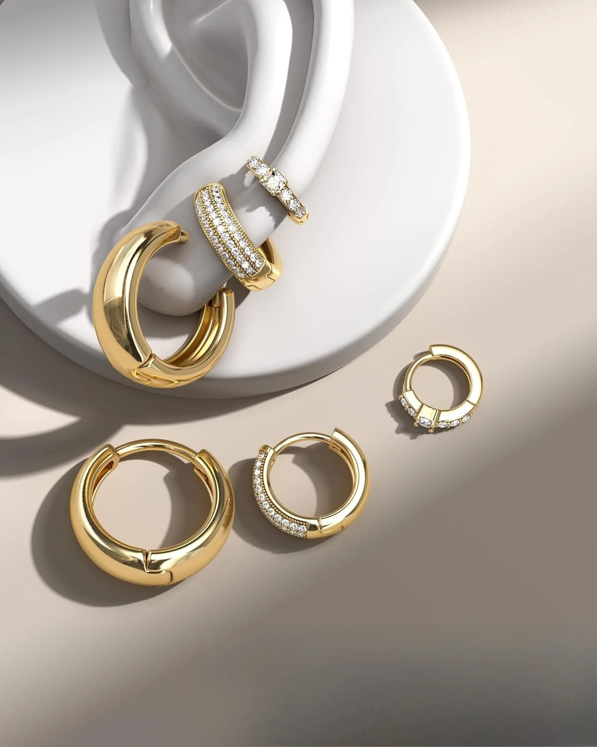 3Pcs Women 18K Gold Plated Chunky CZ Hoops Earrings for Sensitive Ears Non Tarnish Huggie Earring Stacks for Multiple Piercing