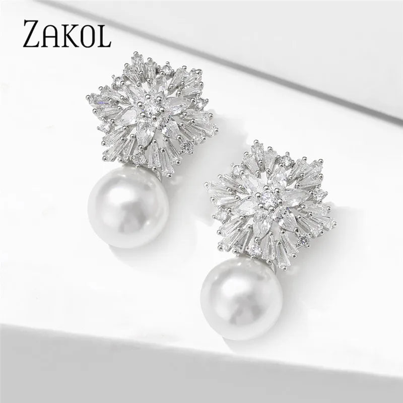 Newest Snowflake Flowers AAA Cubic Zirconia Pearl Drop Earrings for Women Fashion Jewelry Christmas Birthday Gifts EP2917