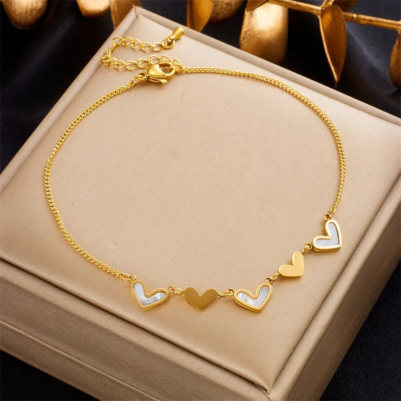 Seraphina Double-Layer Gold-Tone Charm Anklet – Heart, Butterfly, Shell & Pearl Details