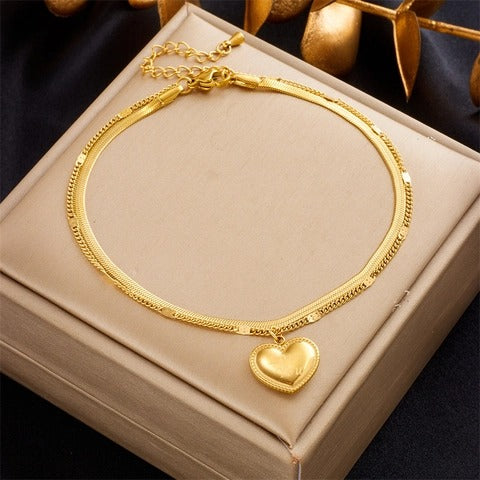 Seraphina Double-Layer Gold-Tone Charm Anklet – Heart, Butterfly, Shell & Pearl Details