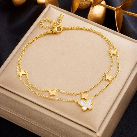 Seraphina Double-Layer Gold-Tone Charm Anklet – Heart, Butterfly, Shell & Pearl Details