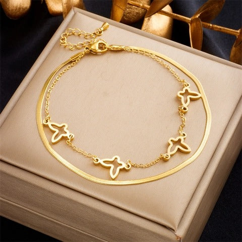Seraphina Double-Layer Gold-Tone Charm Anklet – Heart, Butterfly, Shell & Pearl Details