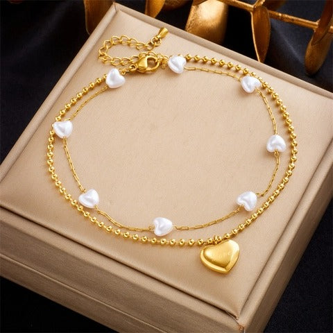 Seraphina Double-Layer Gold-Tone Charm Anklet – Heart, Butterfly, Shell & Pearl Details