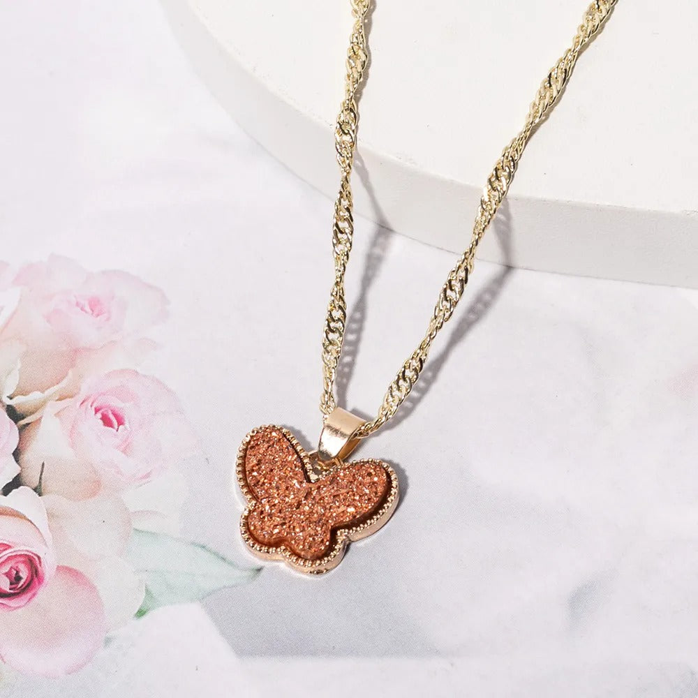 Women’s Minimalist Gold Butterfly Pendant Necklace – Rhinestone & Resin Detail