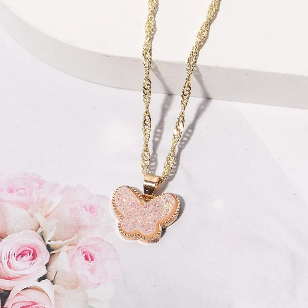 Women’s Minimalist Gold Butterfly Pendant Necklace – Rhinestone & Resin Detail