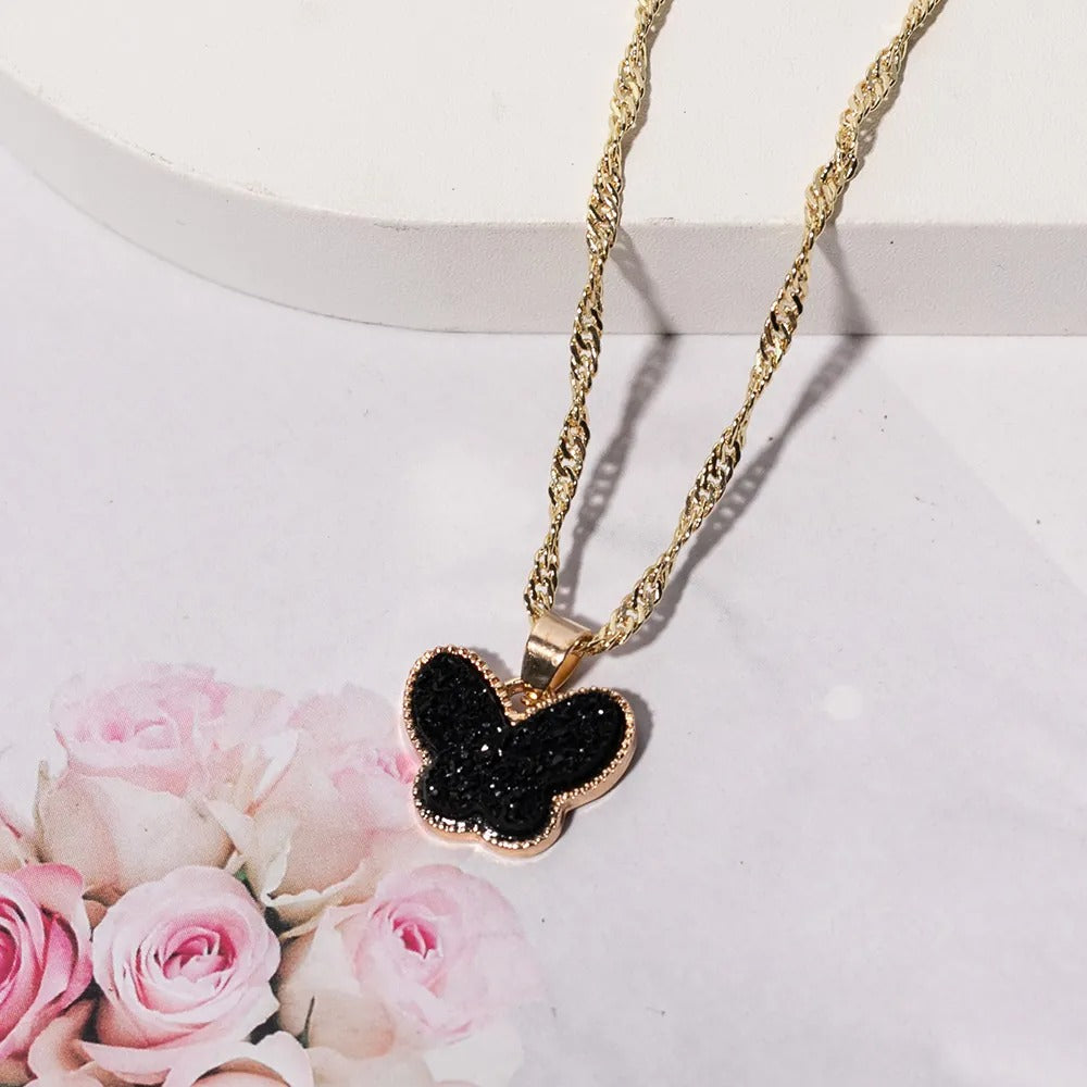 Women’s Minimalist Gold Butterfly Pendant Necklace – Rhinestone & Resin Detail