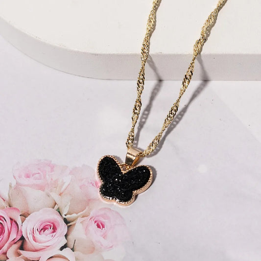 Women’s Minimalist Gold Butterfly Pendant Necklace – Rhinestone & Resin Detail