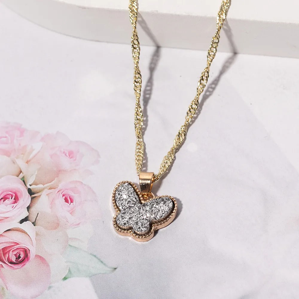 Women’s Minimalist Gold Butterfly Pendant Necklace – Rhinestone & Resin Detail