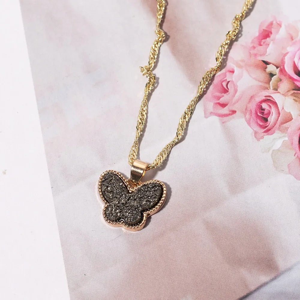 Women’s Minimalist Gold Butterfly Pendant Necklace – Rhinestone & Resin Detail
