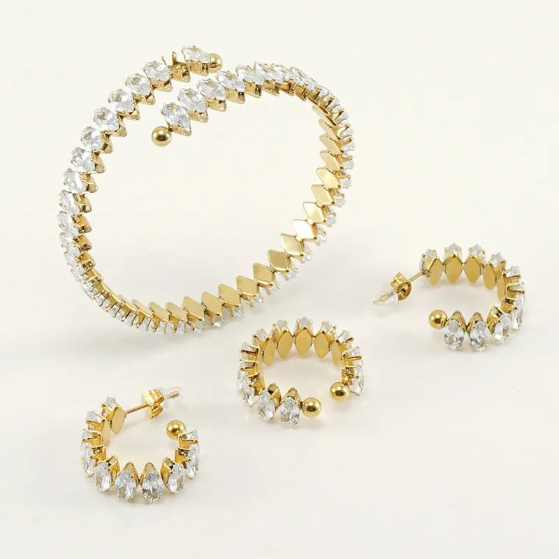 18K Gold-Plated Marquise Zircon Jewelry Set – Bracelet, Ring & Hoop Earrings