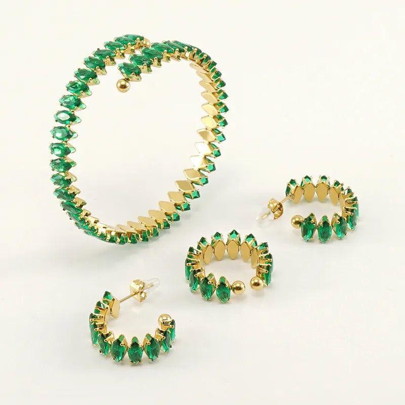 18K Gold-Plated Marquise Zircon Jewelry Set – Bracelet, Ring & Hoop Earrings