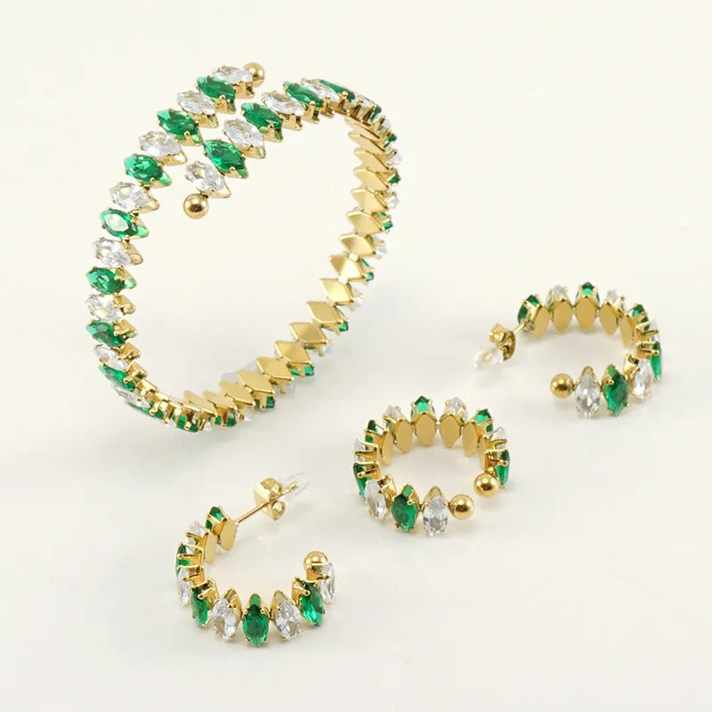 18K Gold-Plated Marquise Zircon Jewelry Set – Bracelet, Ring & Hoop Earrings
