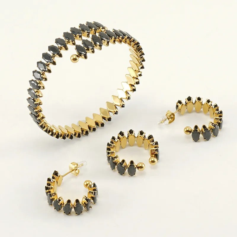 18K Gold-Plated Marquise Zircon Jewelry Set – Bracelet, Ring & Hoop Earrings