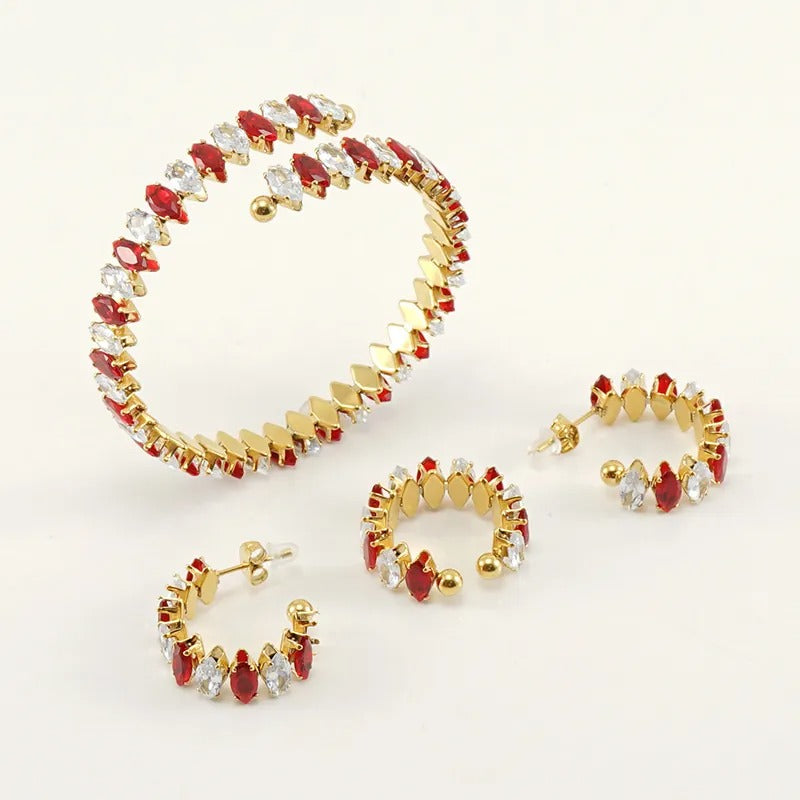 18K Gold-Plated Marquise Zircon Jewelry Set – Bracelet, Ring & Hoop Earrings