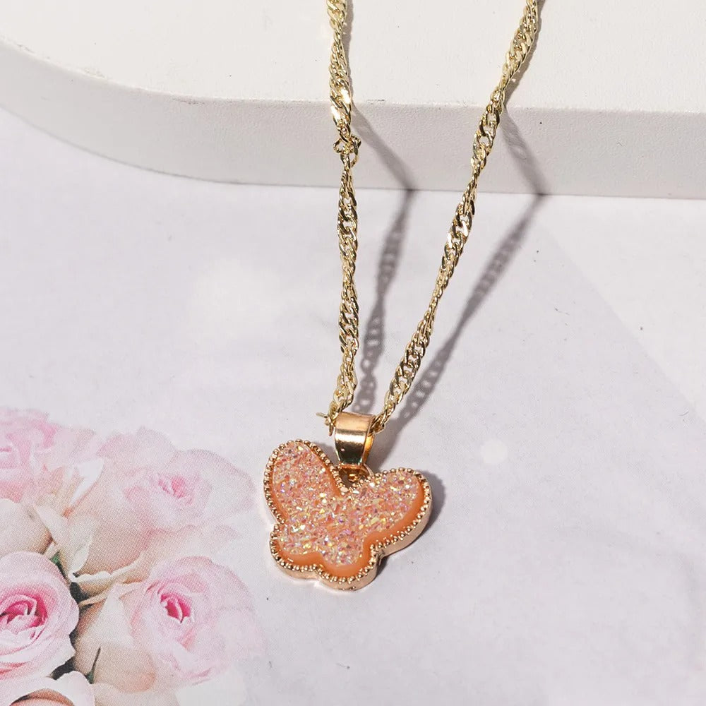 Women’s Minimalist Gold Butterfly Pendant Necklace – Rhinestone & Resin Detail